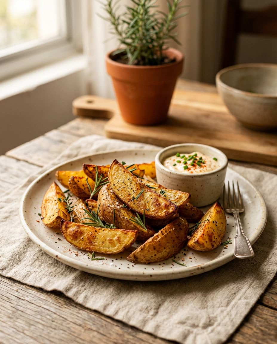 Batatas rústicas crocantes preparadas na air fryer.