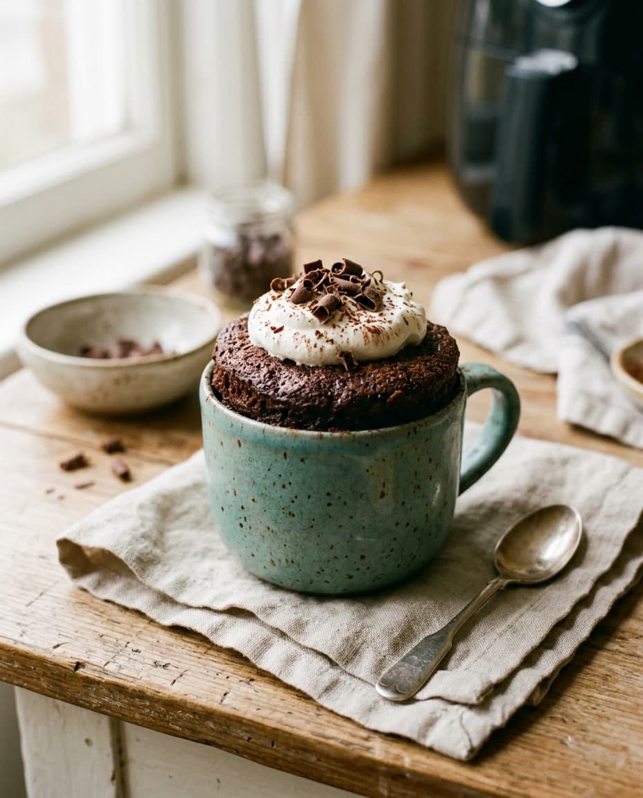 Bolo de caneca feito na air fryer com cobertura simples.