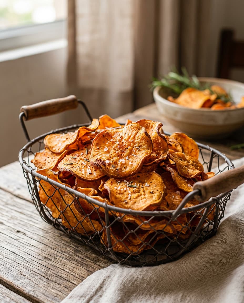 Chips crocantes de batata-doce feitos na air fryer.