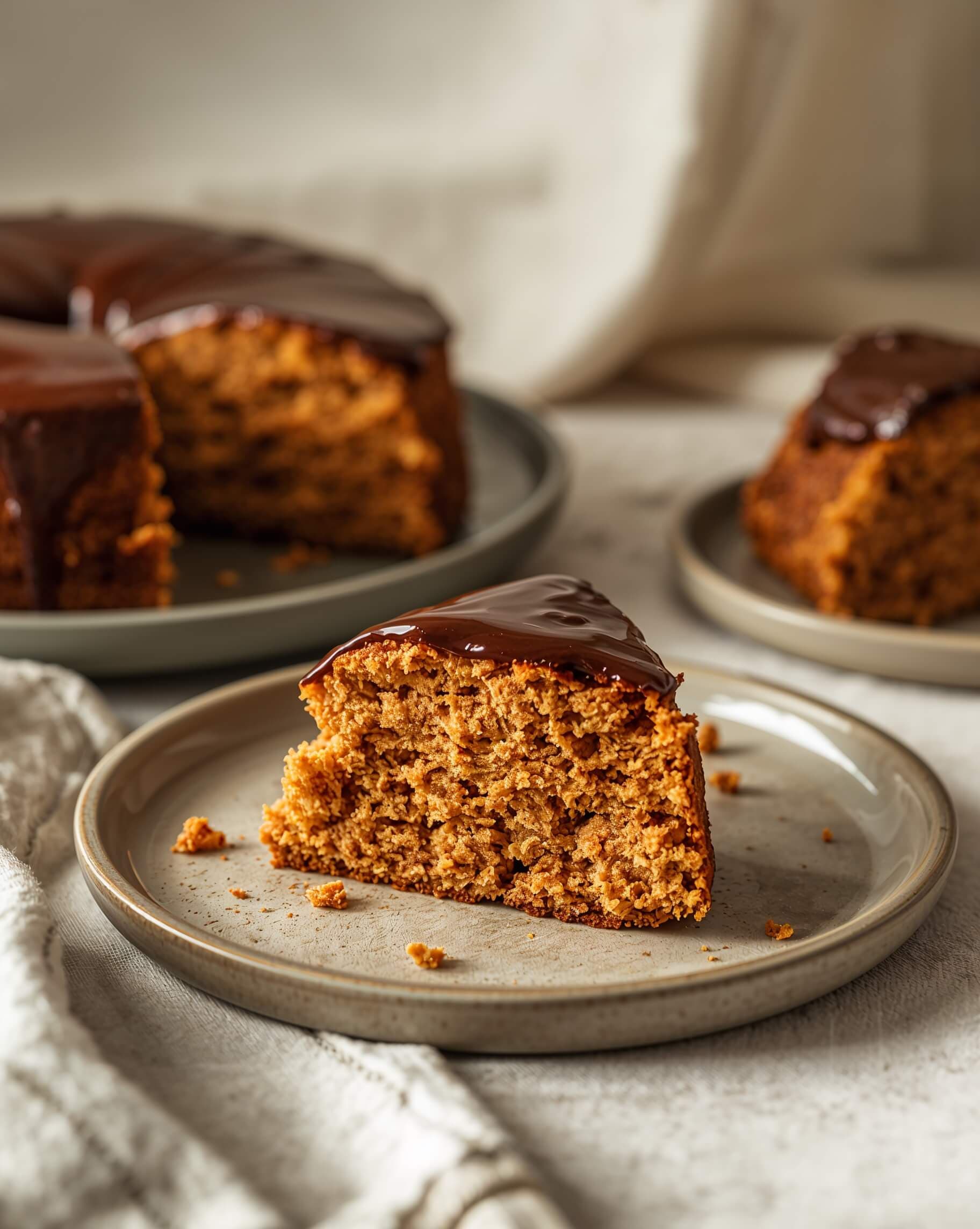 Bolo de cenoura com cobertura de chocolate servido em prato claro.