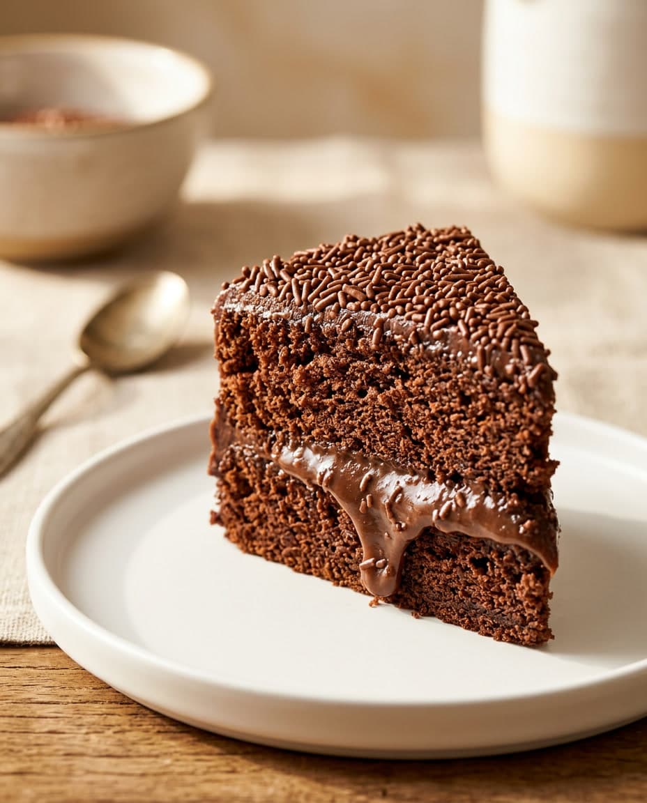 Bolo de chocolate em camadas com recheio de brigadeiro e granulado.