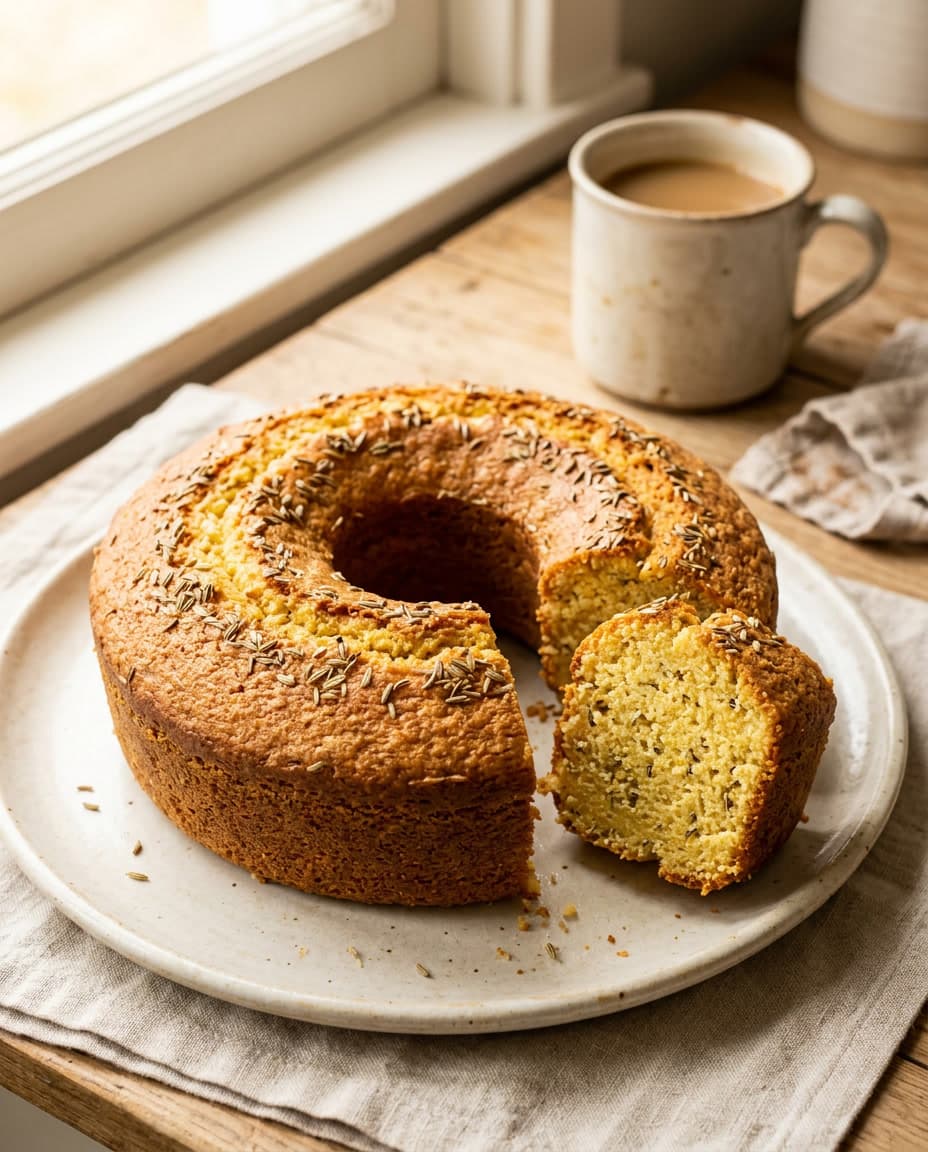 Bolo de fubá com erva-doce fatiado em prato claro.