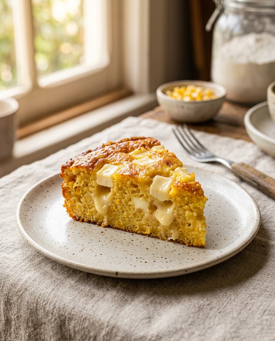 Bolo de milho cremoso com queijo Minas servido em fatias.