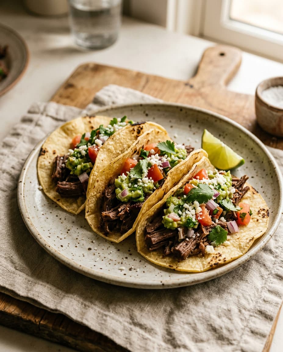 Tacos de carne mexicanos com guacamole e acompanhamentos frescos.