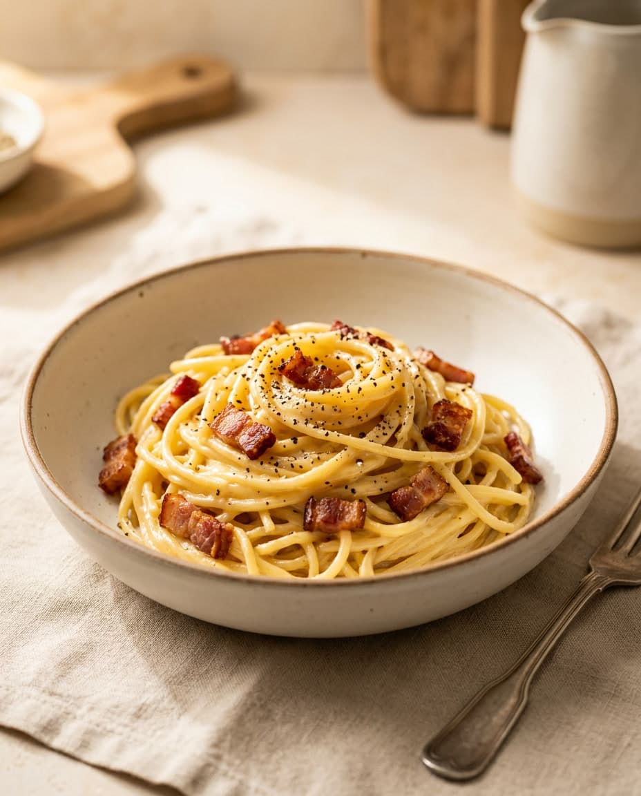 Prato de espaguete à carbonara cremoso com pedaços de bacon crocante.
