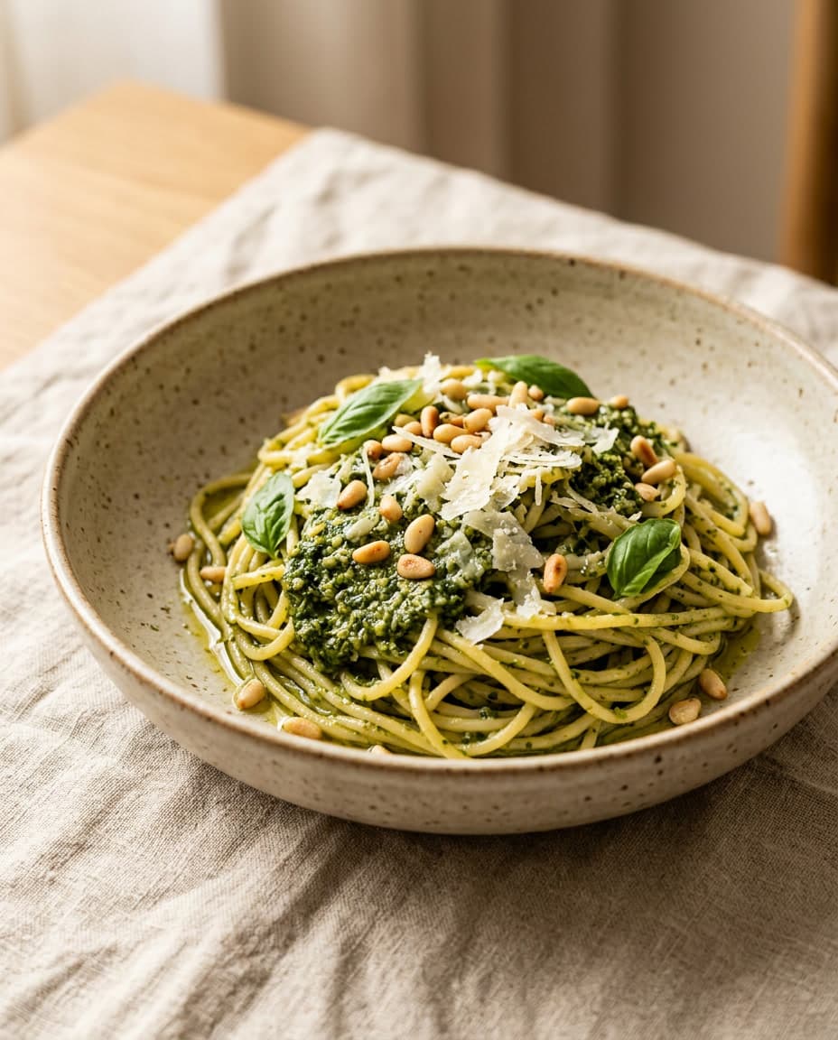 Macarrão com molho pesto de manjericão servido em tigela clara.