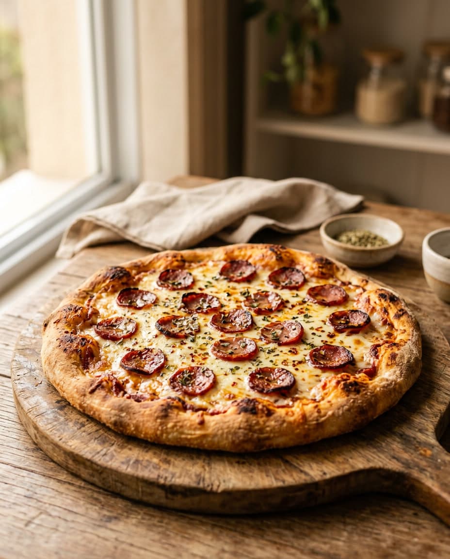 Pizza de calabresa caseira com queijo derretido e orégano.