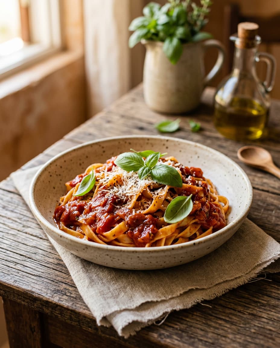 Talharim caseiro com molho de tomate fresco e manjericão.