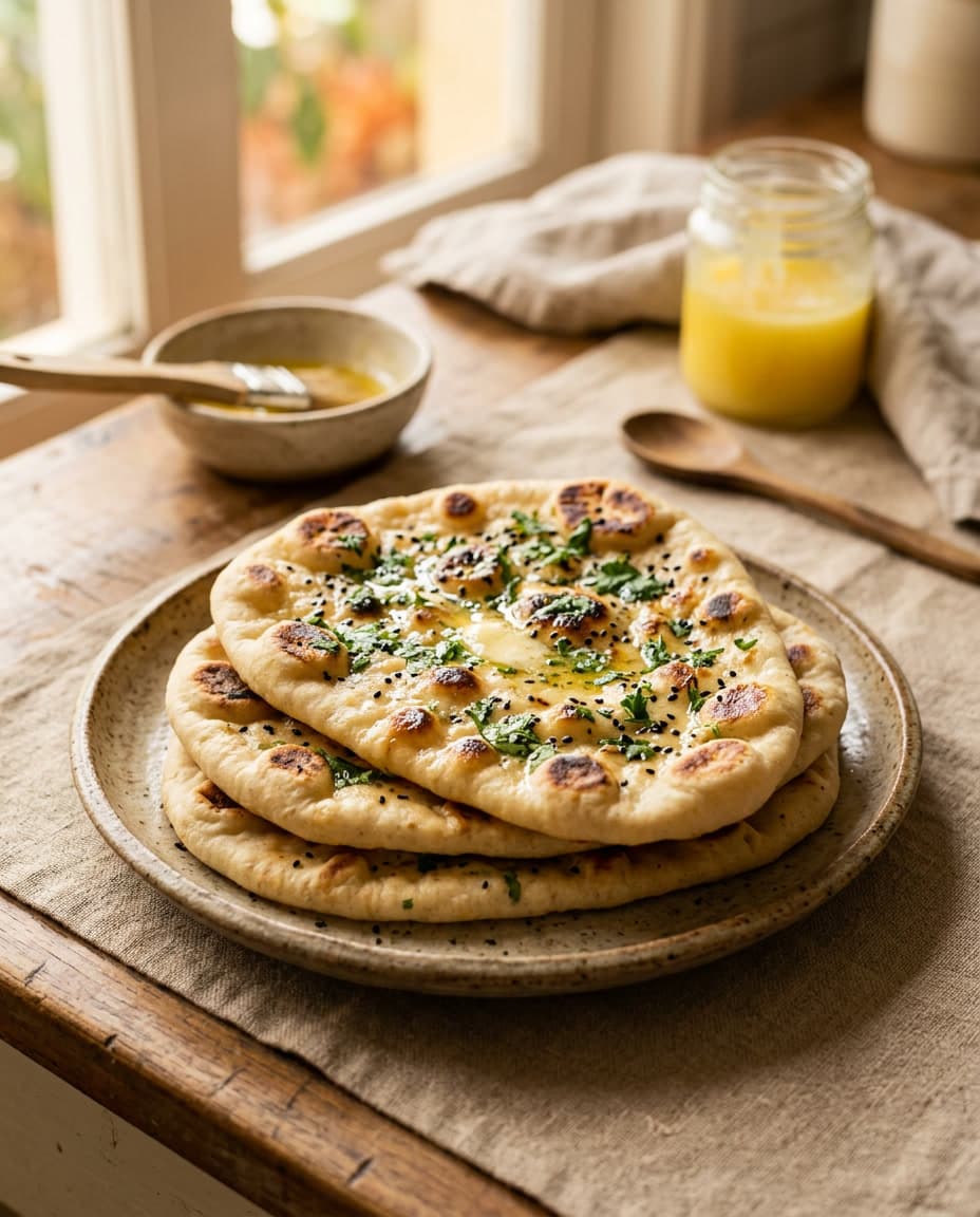 Pães naan indianos caseiros empilhados com ervas e manteiga.