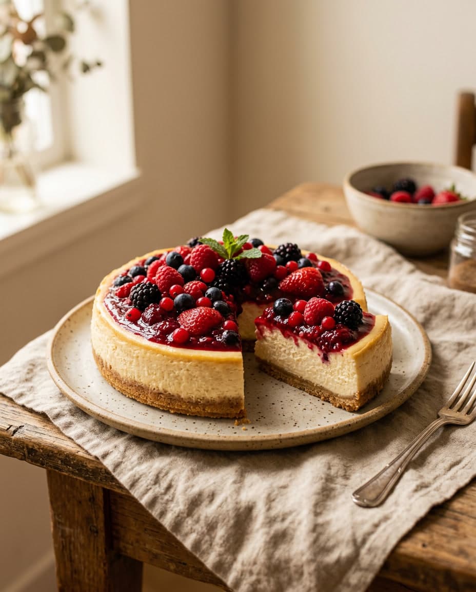 Cheesecake de frutas vermelhas com cobertura brilhante e base de biscoito.