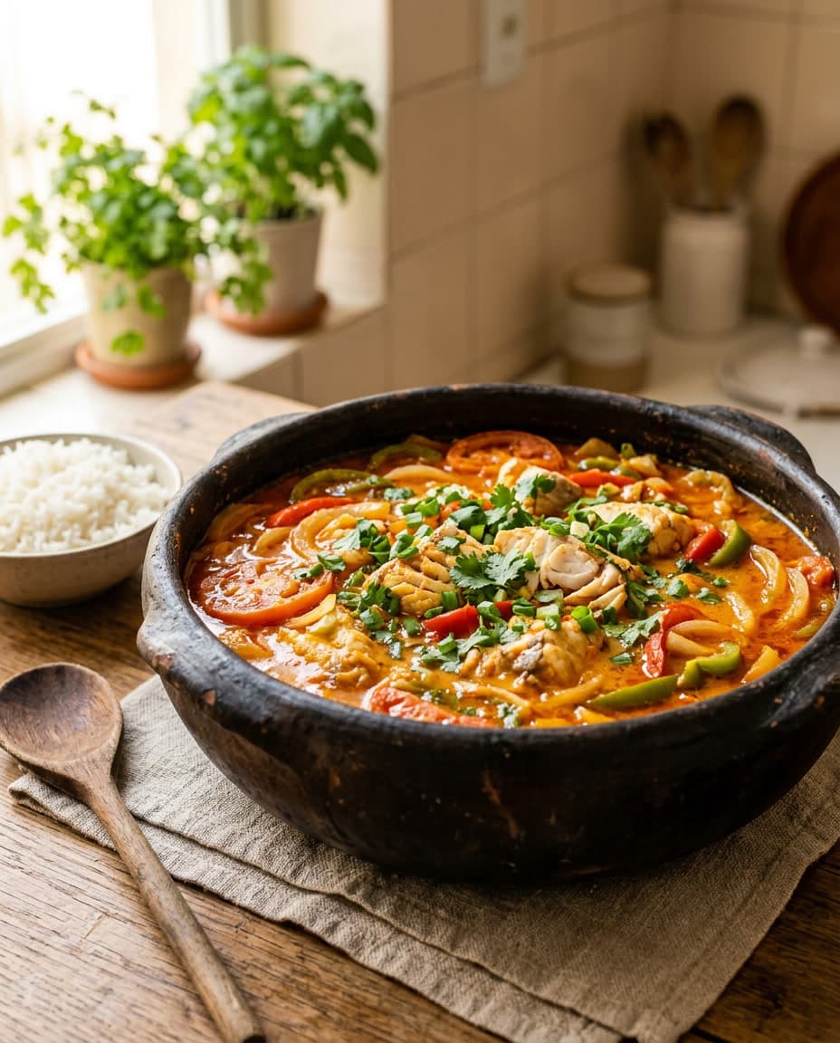 Moqueca capixaba tradicional em panela de barro com peixe e coentro.