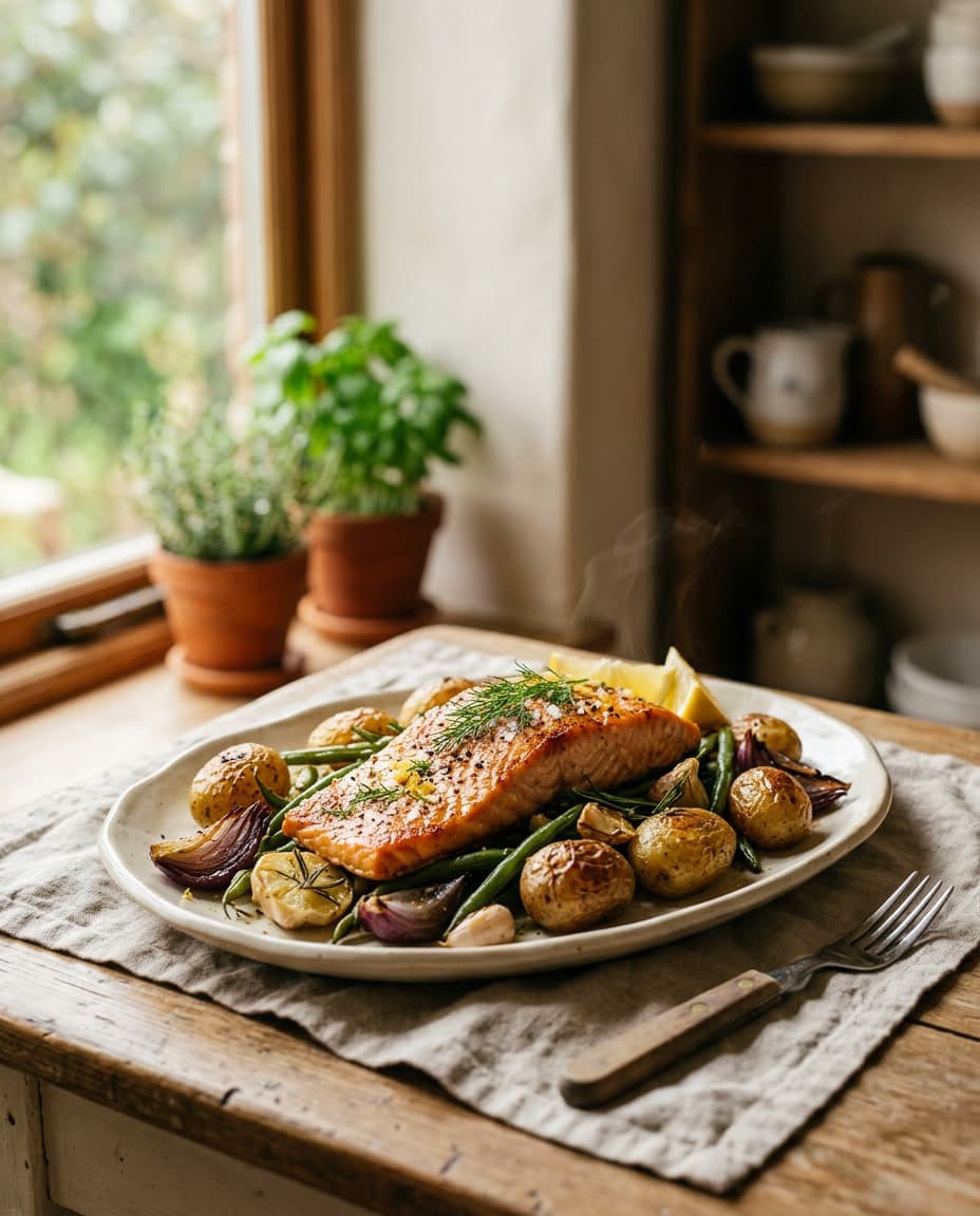 Salmão assado com batatas e vegetais em assadeira.