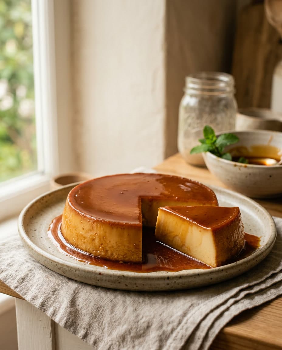 Pudim de leite condensado tradicional com calda de caramelo.