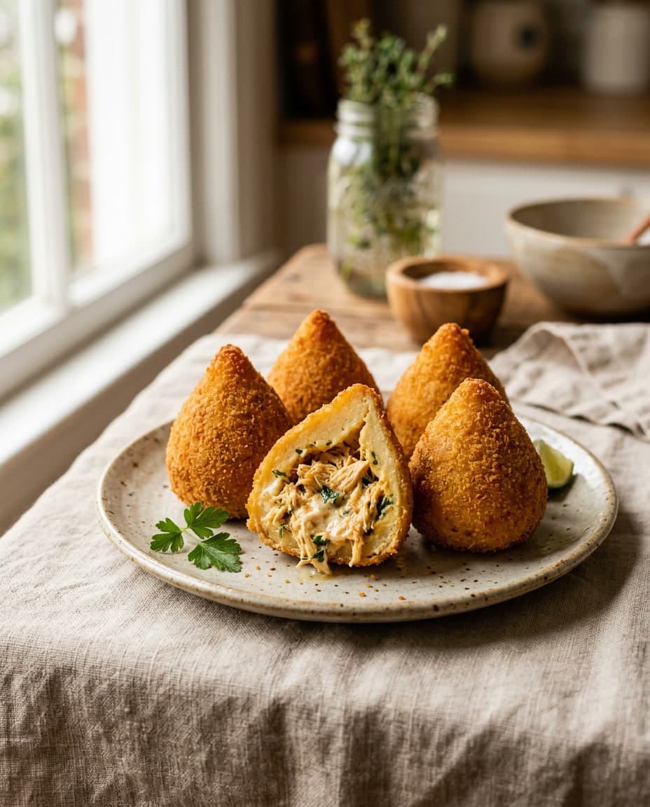 Coxinhas de frango cremosas douradas e crocantes.