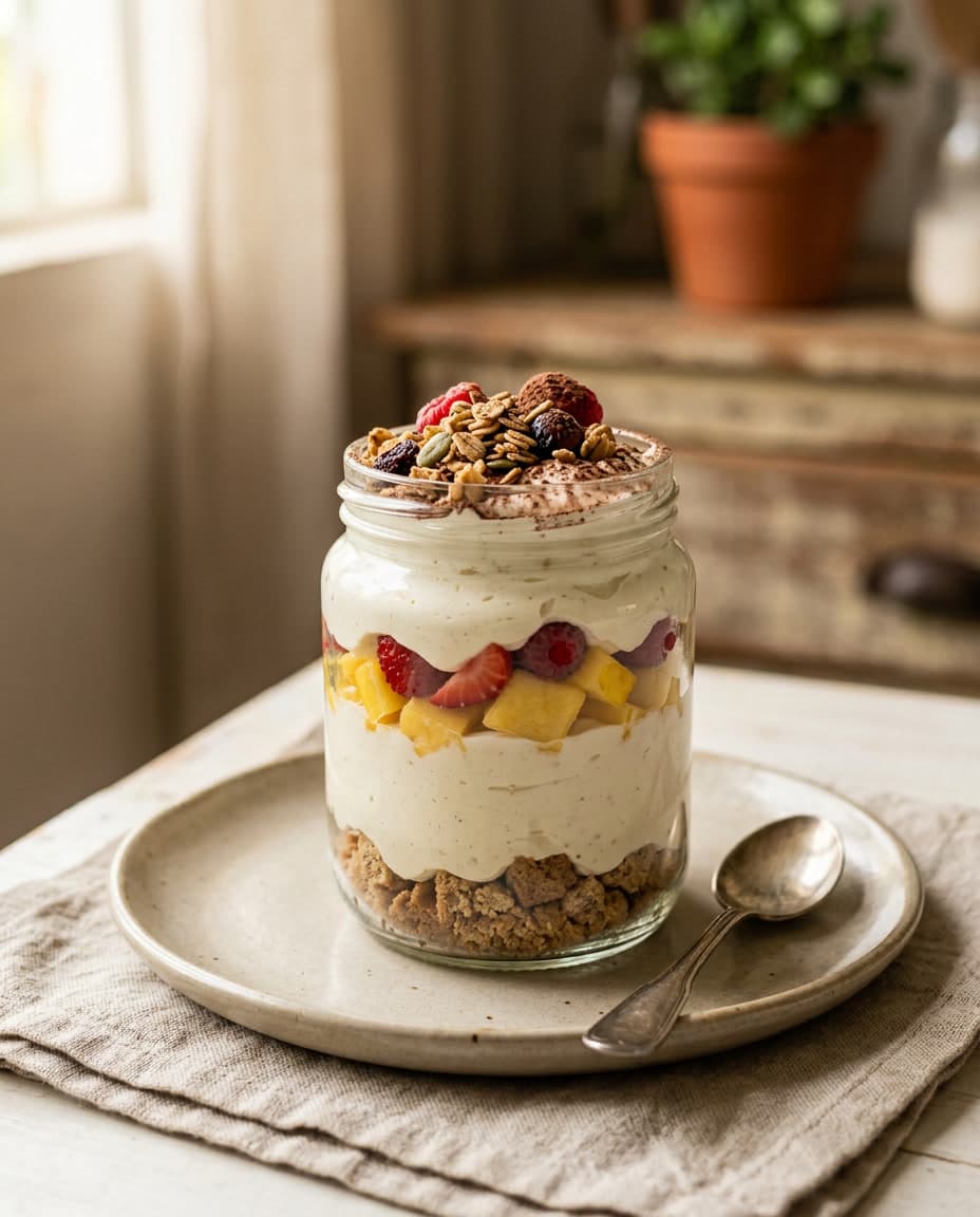 Pote da felicidade proteico em camadas cremosas.