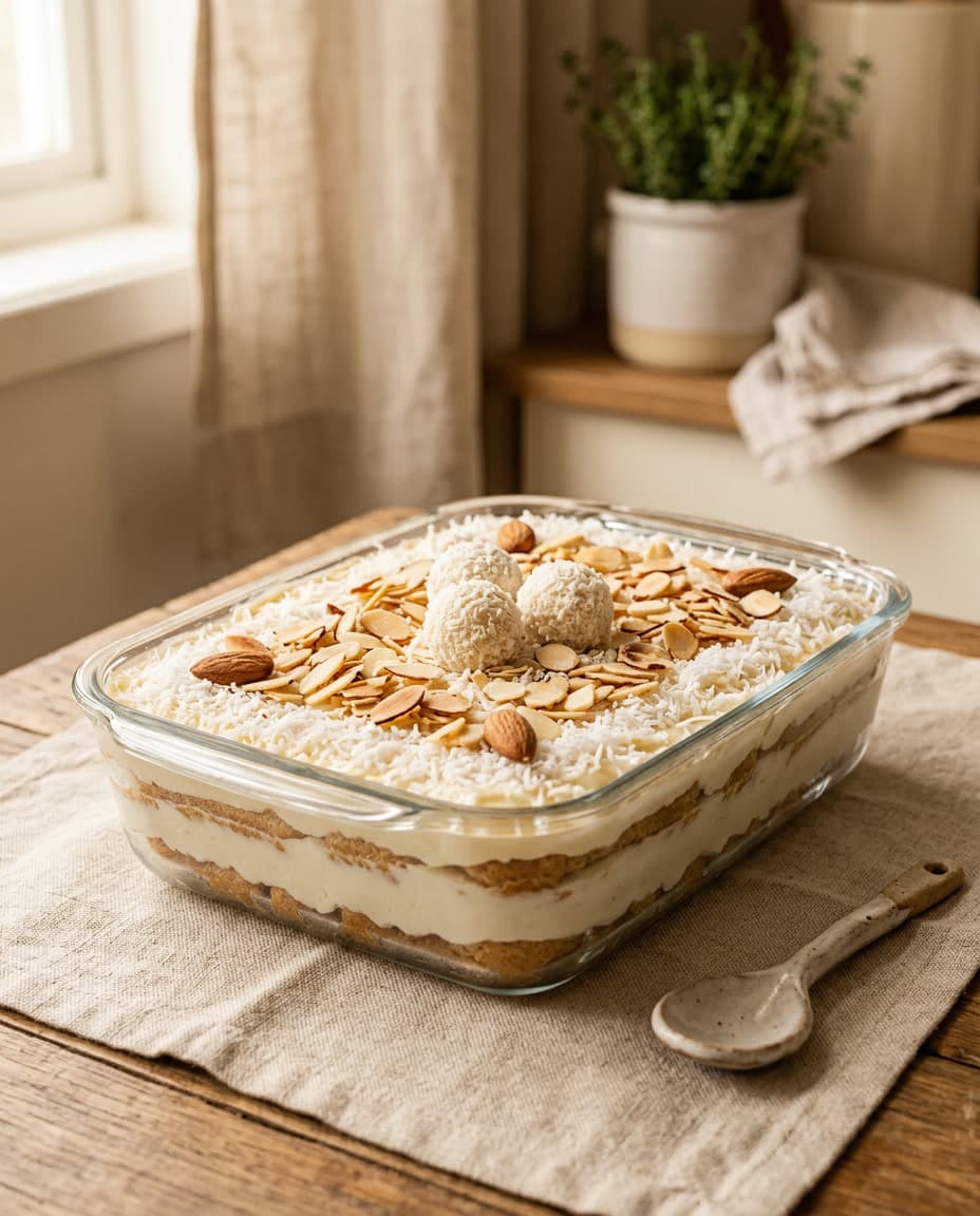 Pavê Raffaello decorado com bombons, coco ralado e amêndoas laminadas.