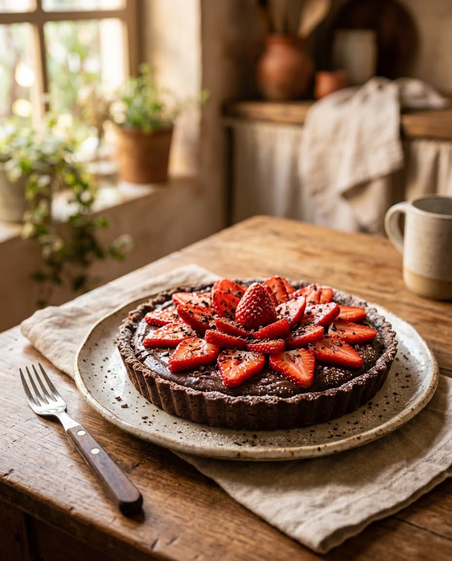 Torta de chocolate com morangos frescos por cima.