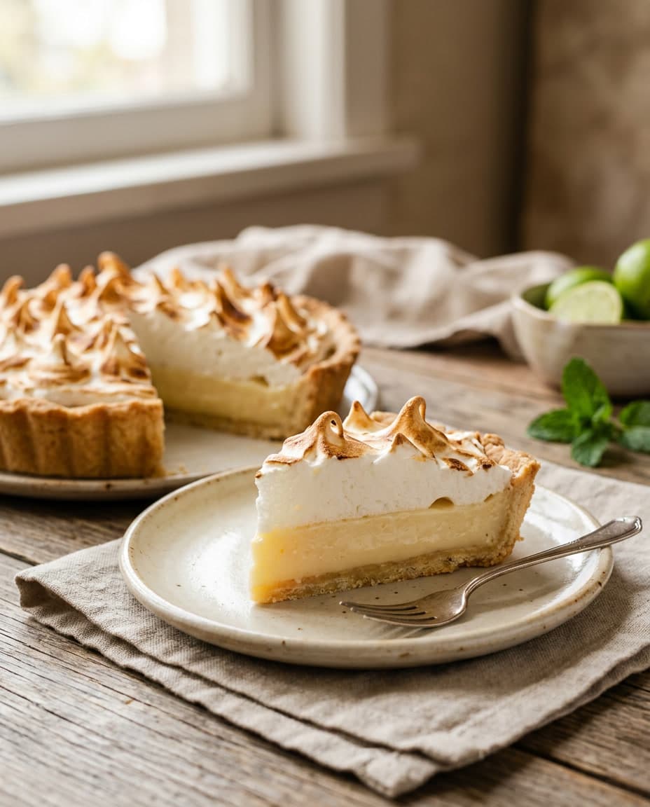 Torta de limão com merengue dourado e fatia servida.