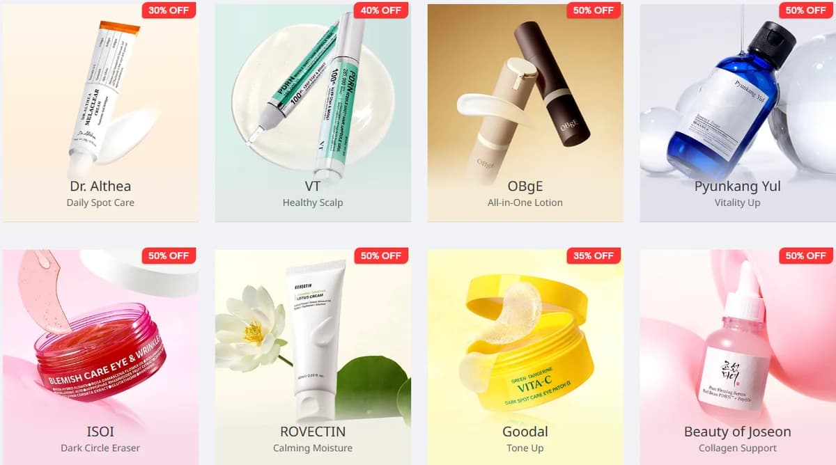 Selection of K-beauty and Korean skincare products on sale at YesStyle.