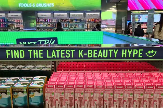 Estante de una tienda coreana con un letrero de neón que dice "Find the Latest K-Beauty Hype"