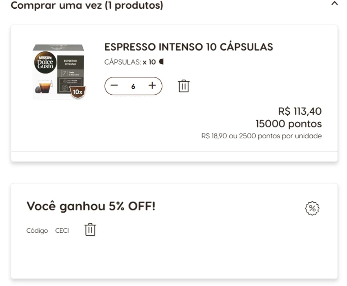 Campo de cupom no checkout da NESCAFÉ Dolce Gusto com o código CECI aplicado.