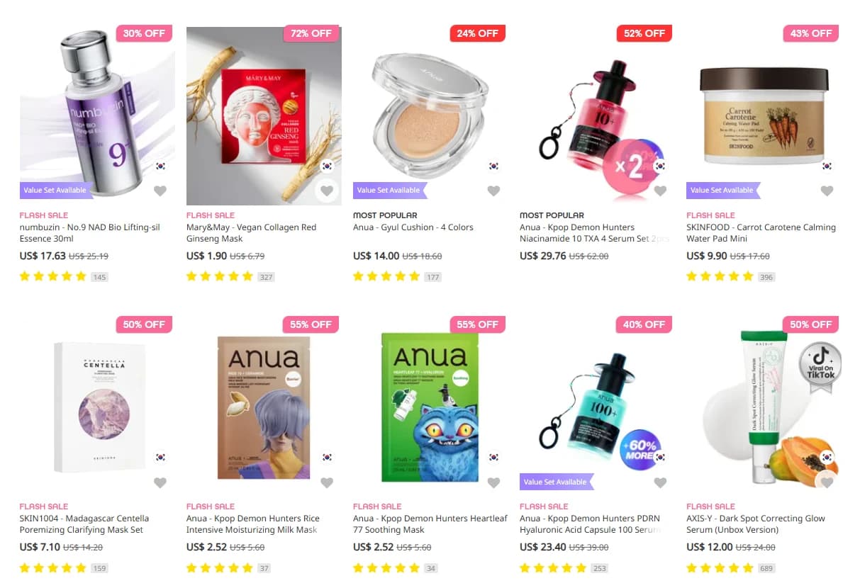 Produktübersicht mit Preisen und Kundenbewertungen auf YesStyle