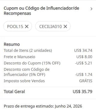Resumo do pedido na YesStyle mostrando cupom e código CECILIA010 aplicados com descontos separados.