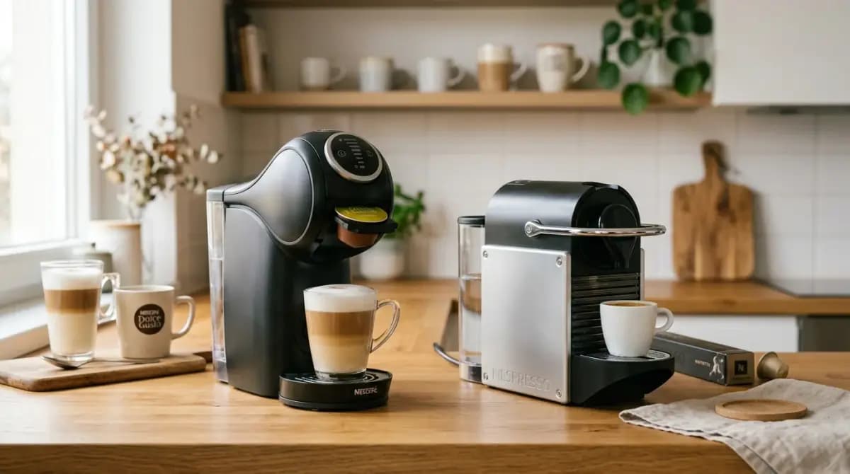 Cafeteiras Dolce Gusto e Nespresso lado a lado em uma bancada moderna de cozinha