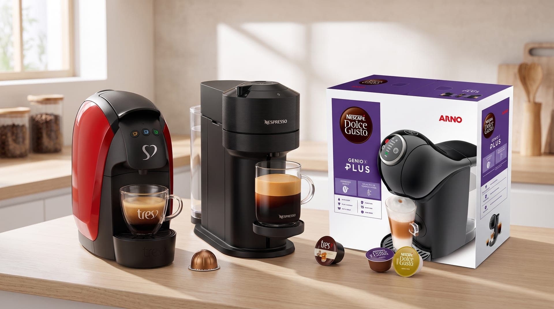 Ilustração editorial dos sistemas TRES, Nespresso e Dolce Gusto lado a lado