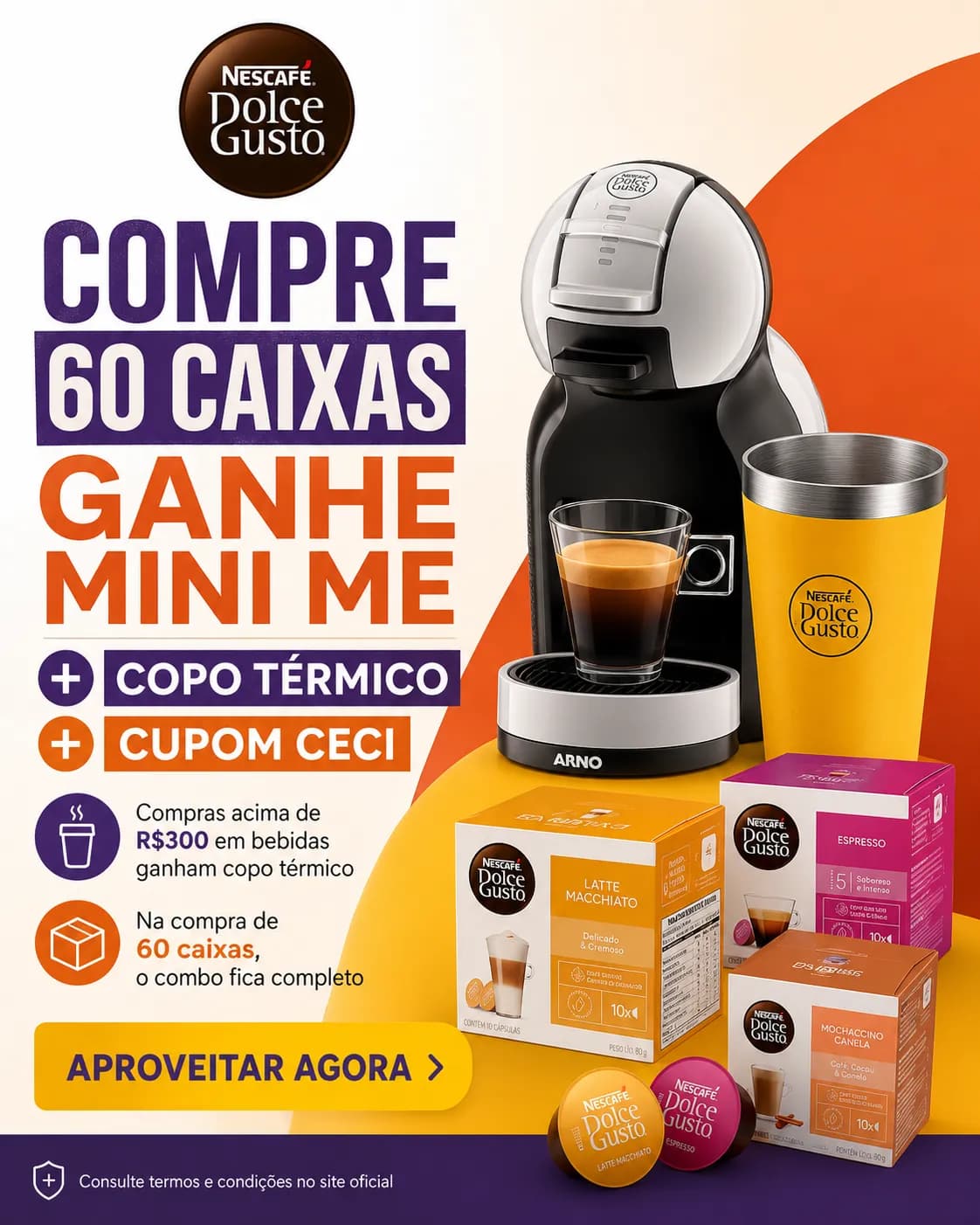 Arte promocional da Dolce Gusto 60 caixas e Mini Me grátis - 1