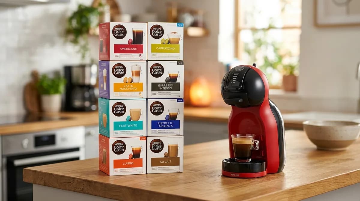 Arte da promoção Dolce Gusto com 60 caixas de cápsulas e máquina Mini Me grátis