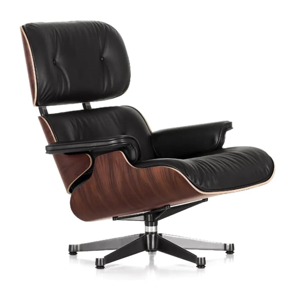 Foto de produto em fundo branco mostrando uma Cadeira Eames Lounge escura com estrutura de madeira
