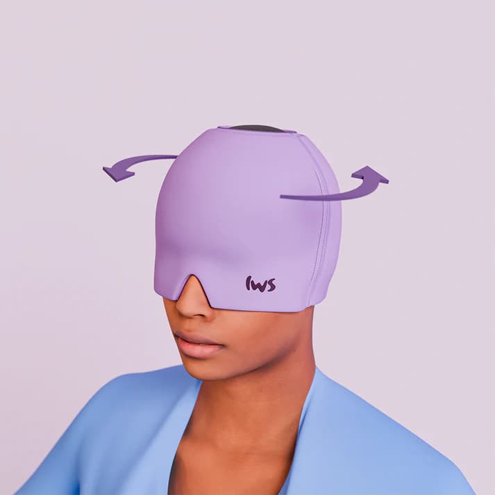 Pessoa usando a máscara Aliv Head Gel IWS com ilustração de cobertura ao redor da cabeça