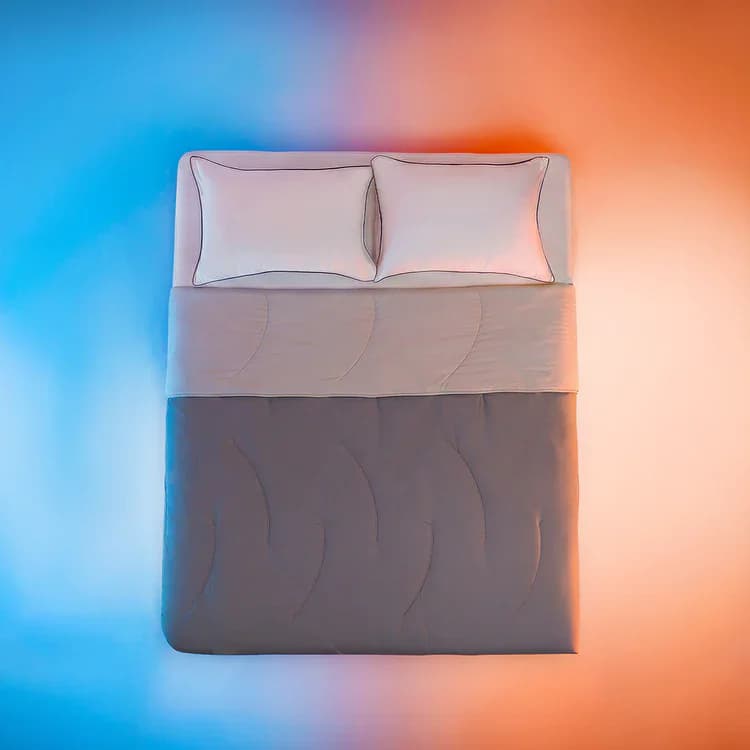 Ilustração do Cobertor IWS Igloo sobre a cama, com metade em luz azul (lado frio) e metade em luz laranja (lado quente)