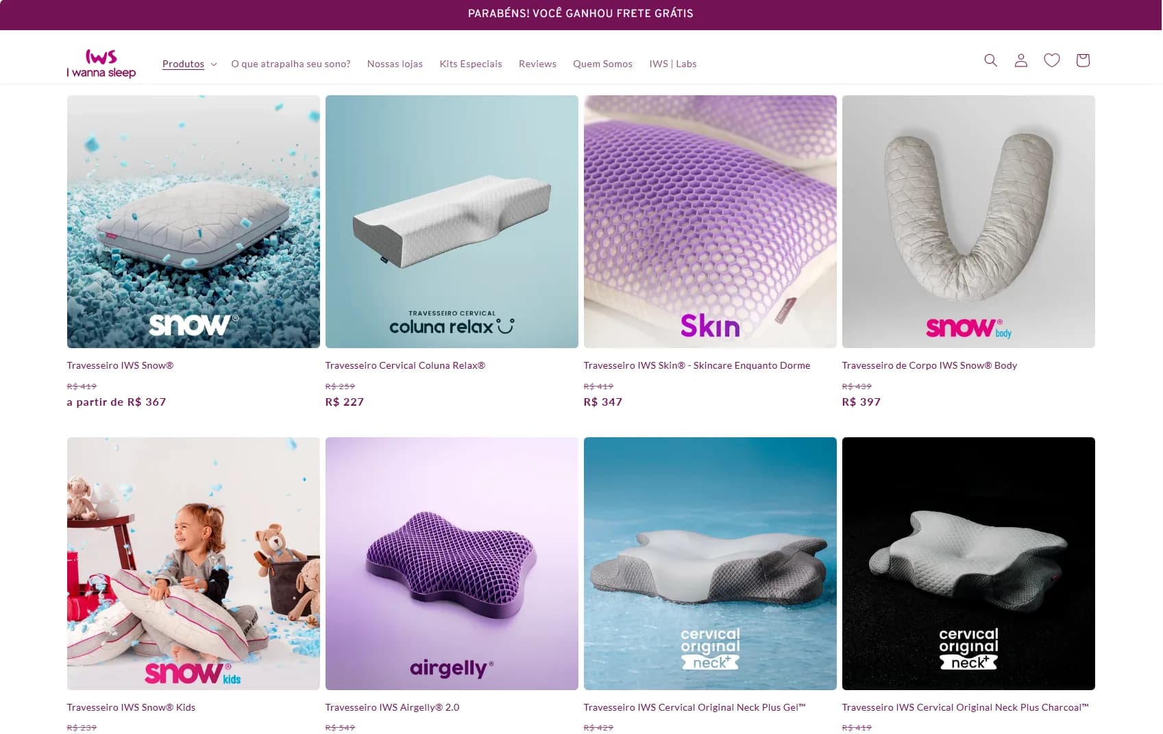 Página de catálogo oficial da I Wanna Sleep mostrando travesseiros IWS Snow, Cervical, Skin e Airgelly com preços