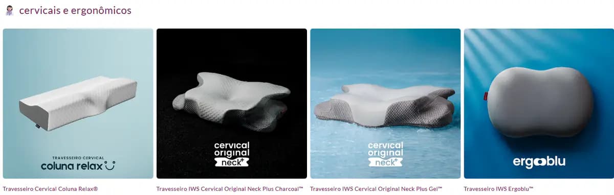 Coleção completa da linha Cervicais e Ergonômicos da I Wanna Sleep: Coluna Relax, Neck Plus Charcoal, Neck Plus Gel e Ergoblu