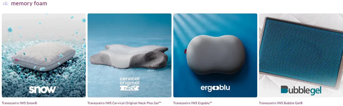 Coleção completa da linha Memory Foam da I Wanna Sleep: Snow, Neck Plus Gel, Ergoblu e Bubble Gel