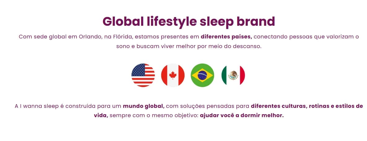 Seção 'Global lifestyle sleep brand' do site oficial, com bandeiras dos EUA, Canadá, Brasil e México