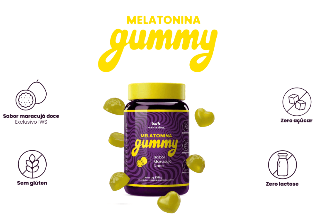 Quadro da Melatonina Gummy IWS com sabor maracujá doce, zero açúcar, sem glúten e zero lactose