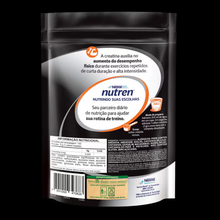 Verso da embalagem da Nutren Creatina com ingredientes, tabela nutricional e modo de preparo