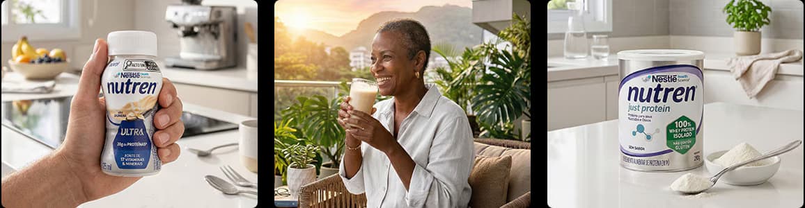 Linha Nutren da Nestlé na vida real: versão pronta para beber, shake preparado e a lata do Just Protein em pó