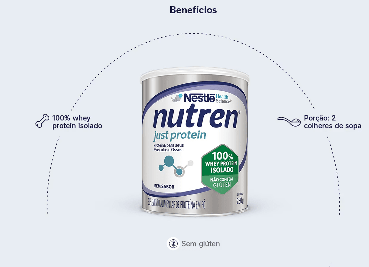 Infográfico de benefícios do Nutren Just Protein: 100% whey protein isolado, porção de 2 colheres de sopa e sem glúten