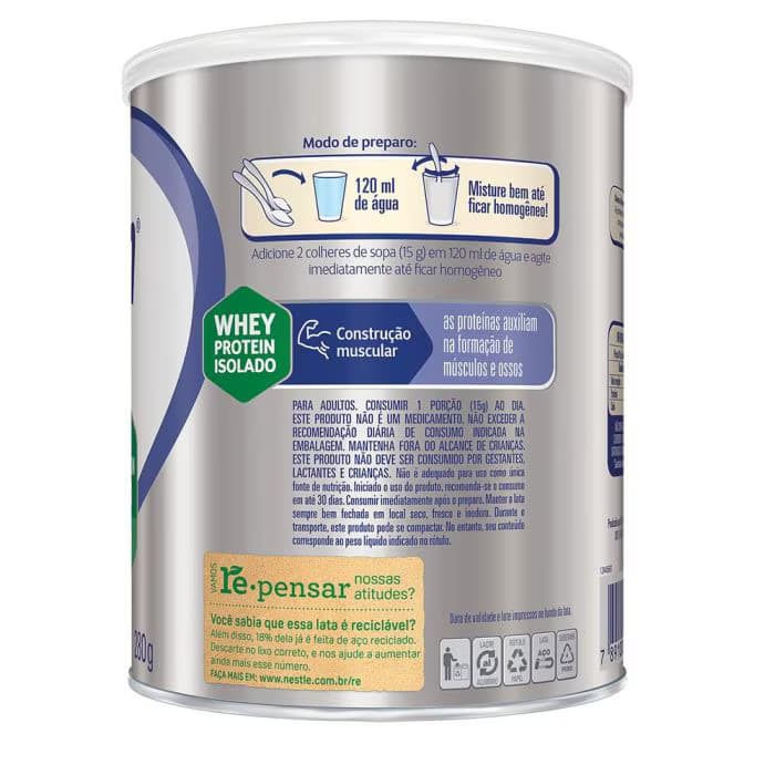 Verso da lata do Nutren Just Protein com o modo de preparo: 2 colheres de sopa (15g) em 120 ml de água