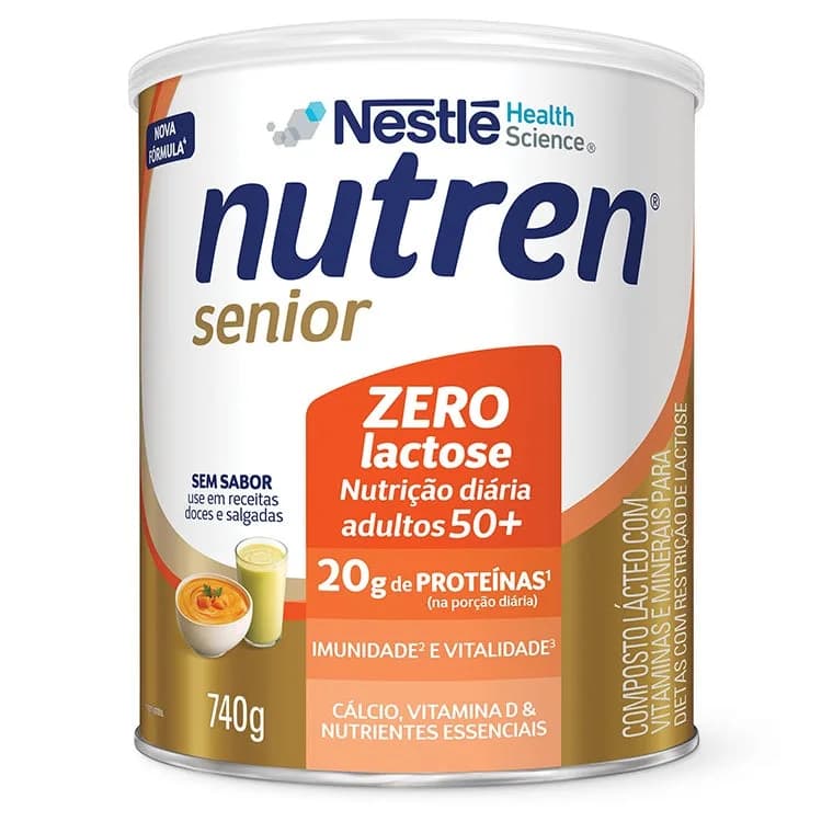 Lata de Nutren Senior Zero Lactose Sem Sabor 740 g, composto lácteo da Nestlé Nutre