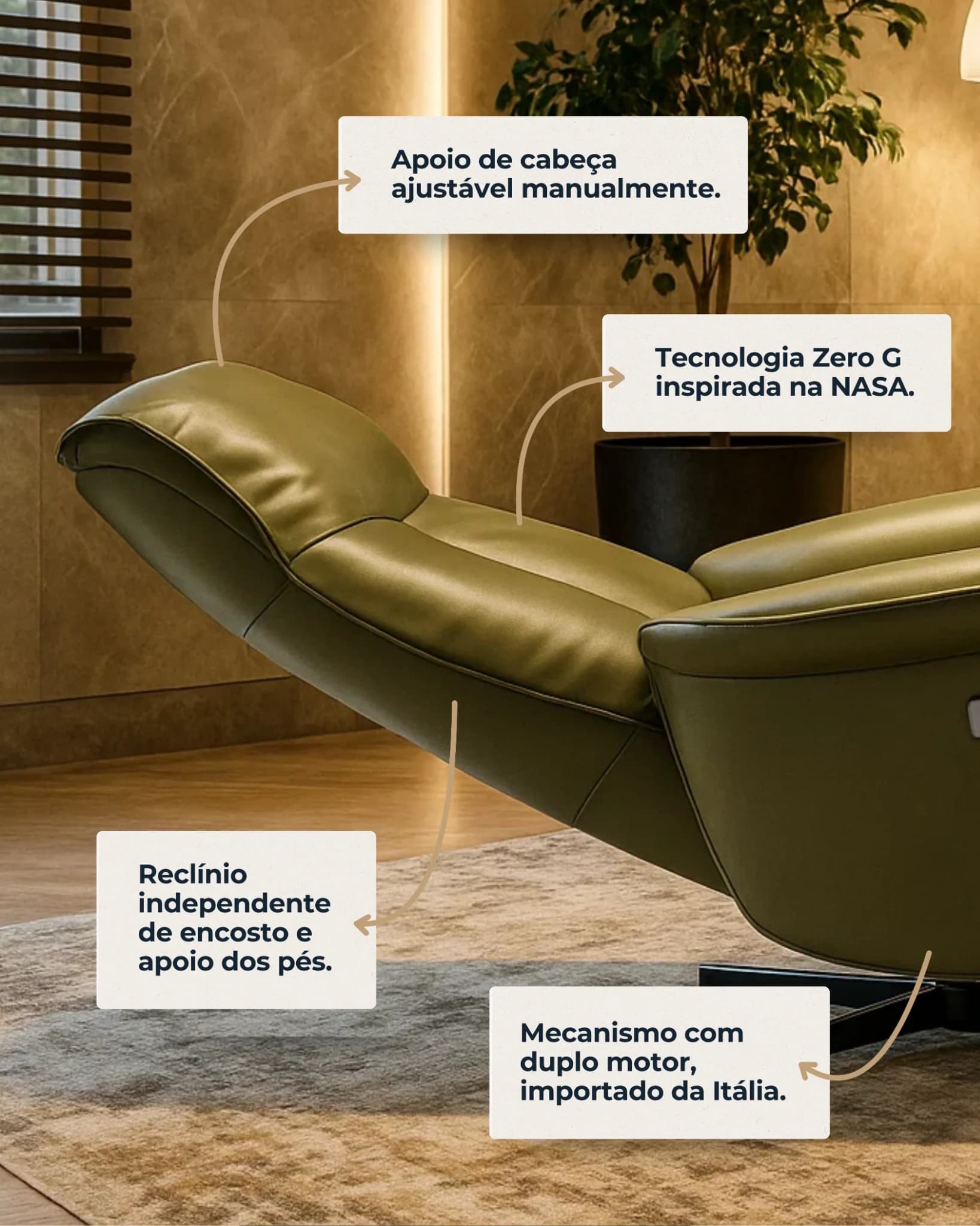Destaques da Poltrona Levita com reclinação elétrica e ajuste de apoio.