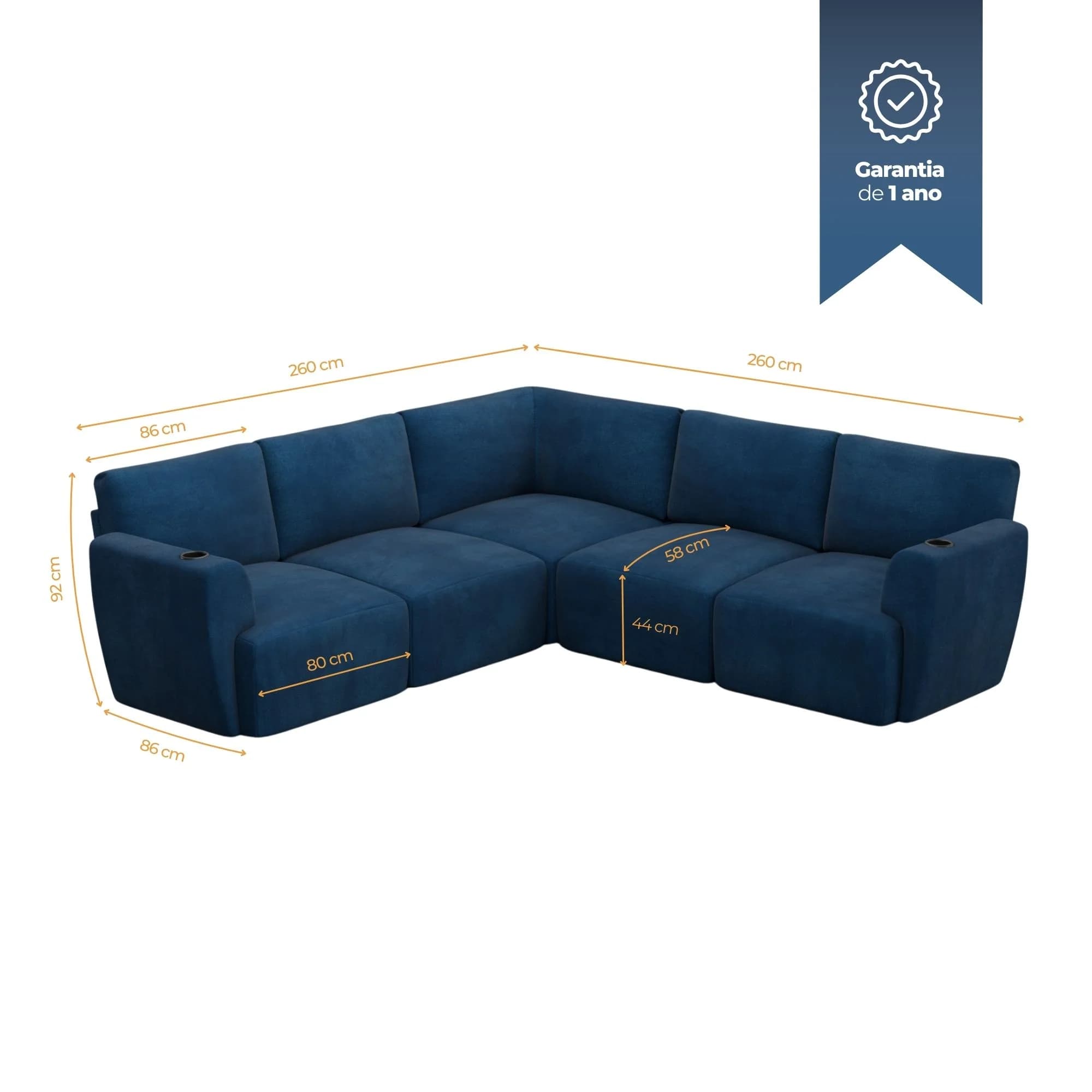 Exemplo de sofá modular em configuração de cinco lugares em L.