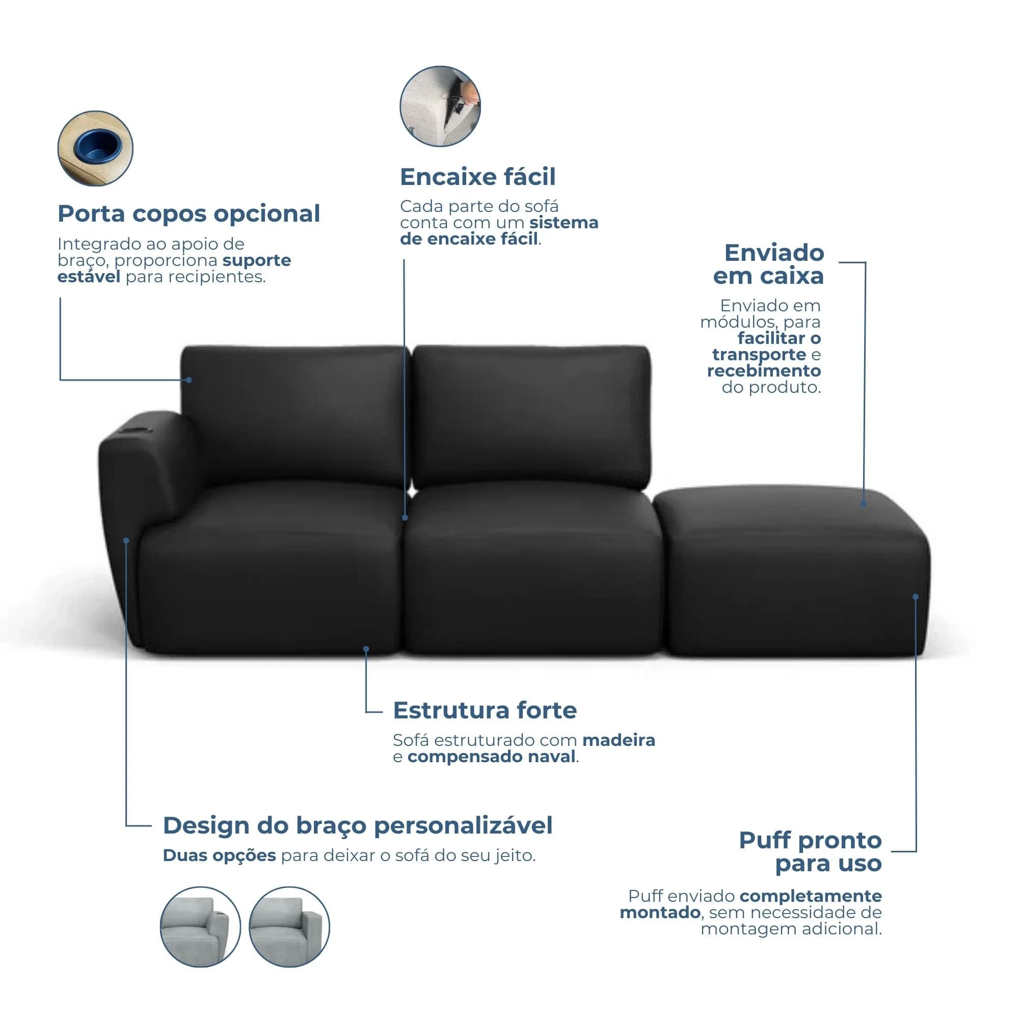 Módulos e itens de um sofá modular separados para montagem.