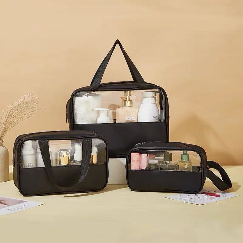 Kit Necessaire Transparente 3 Peças para Maquiagem Cosméticos e Viagem
