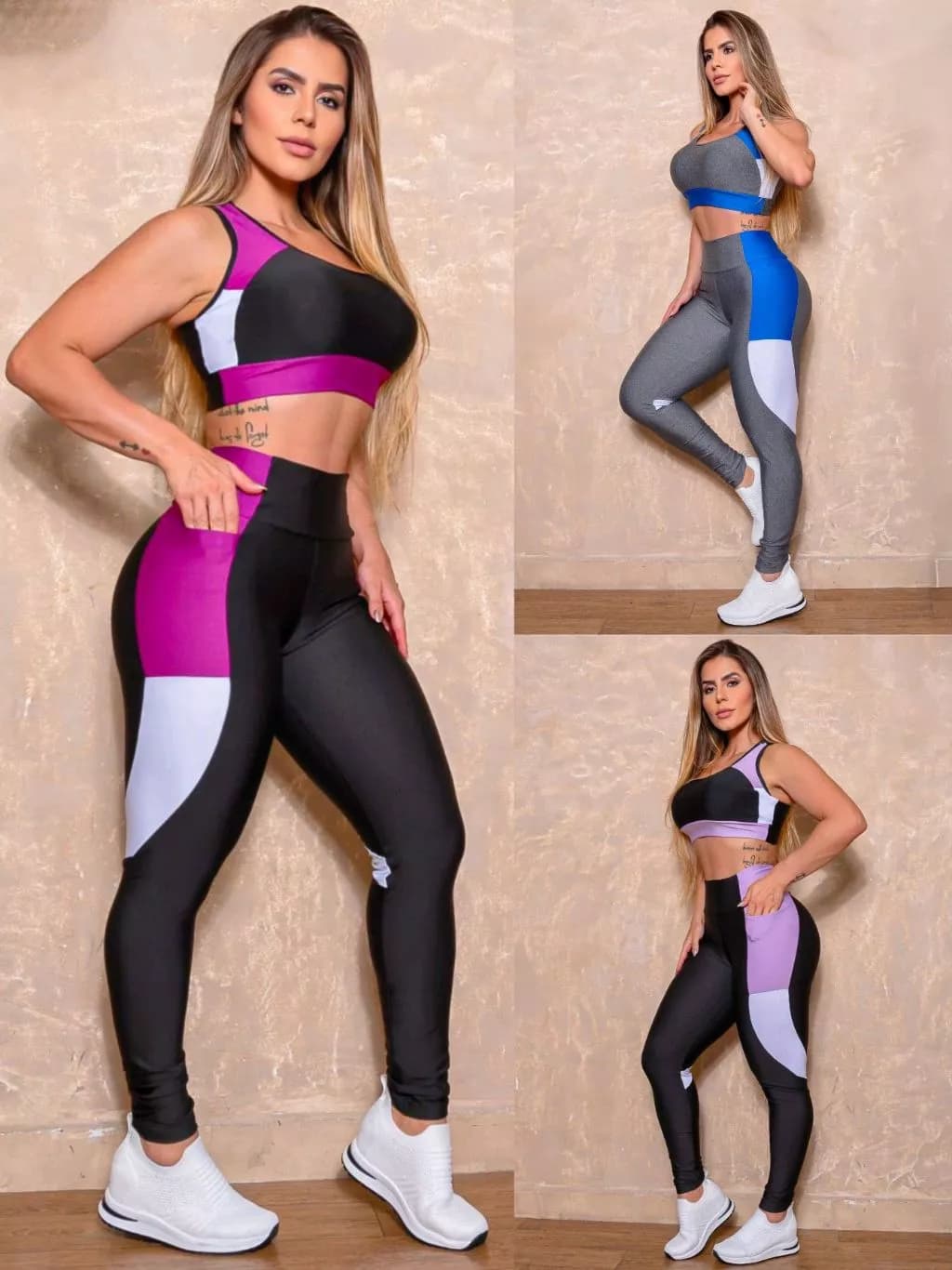 Conjunto Academia Feminino Suplex Calça Legging Recortes Cropped Nadador sem Bojo Oferta Presente