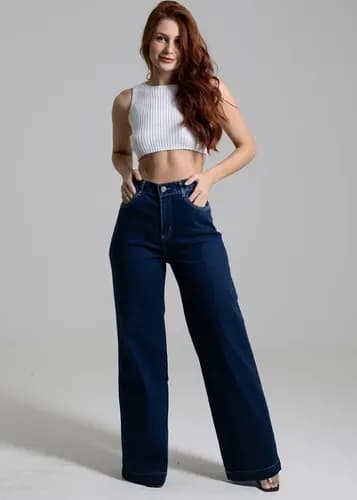 Calça Jeans Feminina Wide Leg Com Elastano Sawary Azul-escuro